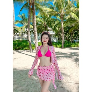 Bikini 4 Mảnh Hoạ Tiết Trái Tim Hồng Quyến Rũ