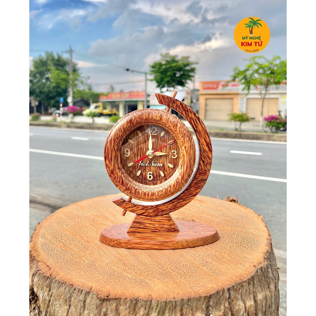 [ TẶNG KÈM PIN ] Đồng Hồ Gỗ Dừa Để Bàn Thiết Kế Địa Cầu Sáng Tạo, Trang Trí Phòng Làm Việc, Quà Tặng Sang Trọng