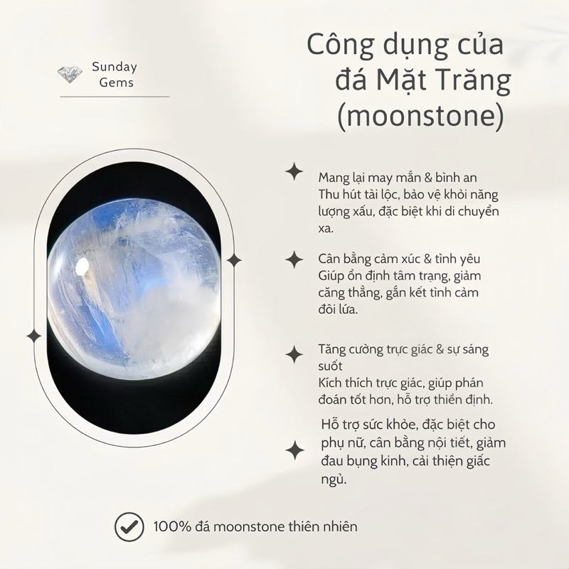 (Chỉ có mặt dây chuyền) Moonstone Thiên Nhiên Đa Giác Bạc S925-Sunday