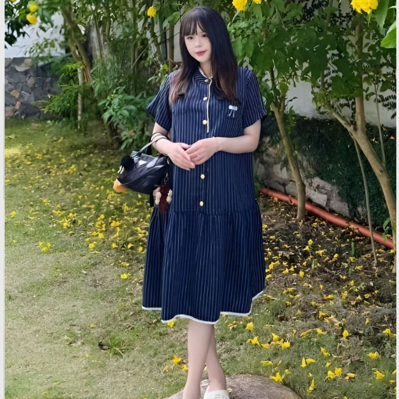 Váy đuôi cá cộc tay form rộng viền bèo cúc đồng kẻ xanh thêu nơ túi ngực babydoll Đầm bầu dáng ngắn tới gối cute T721G