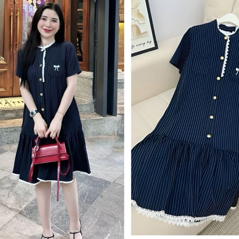 Váy đuôi cá cộc tay form rộng viền bèo cúc đồng kẻ xanh thêu nơ túi ngực babydoll Đầm bầu dáng ngắn tới gối cute T721G