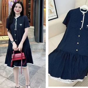 Váy đuôi cá cộc tay form rộng viền bèo cúc đồng kẻ xanh thêu nơ túi ngực babydoll Đầm bầu dáng ngắn tới gối cute T721G