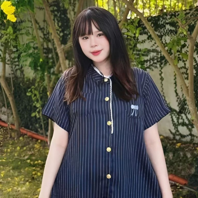 Váy đuôi cá cộc tay form rộng viền bèo cúc đồng kẻ xanh thêu nơ túi ngực babydoll Đầm bầu dáng ngắn tới gối cute T721G