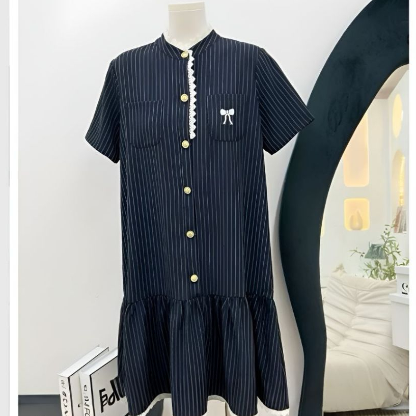 Váy đuôi cá cộc tay form rộng viền bèo cúc đồng kẻ xanh thêu nơ túi ngực babydoll Đầm bầu dáng ngắn tới gối cute T721G