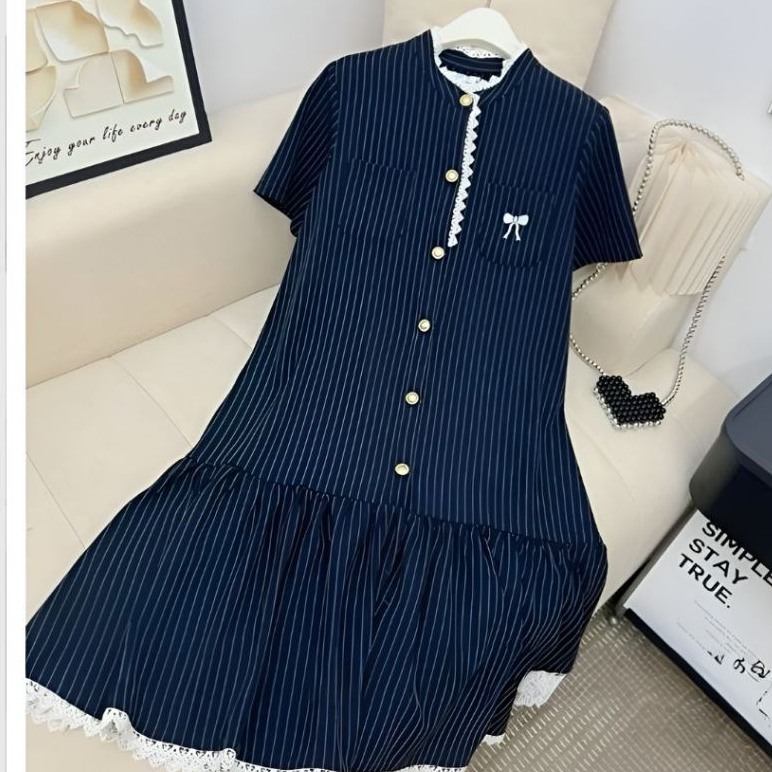 Váy đuôi cá cộc tay form rộng viền bèo cúc đồng kẻ xanh thêu nơ túi ngực babydoll Đầm bầu dáng ngắn tới gối cute T721G