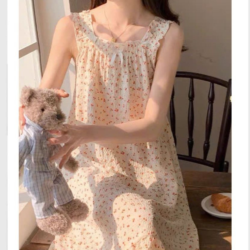Váy ngủ 2 dây to bèo đính nơ nhún ngực dáng xòe form rộng đuôi cá họa tiết hoa nhí Đầm mặc nhà bánh bèo T629G TANGZUYEN