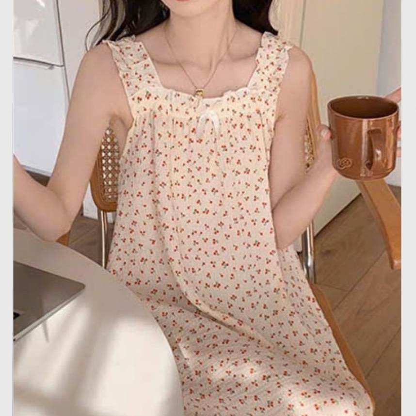 Váy ngủ 2 dây to bèo đính nơ nhún ngực dáng xòe form rộng đuôi cá họa tiết hoa nhí Đầm mặc nhà bánh bèo T629G TANGZUYEN