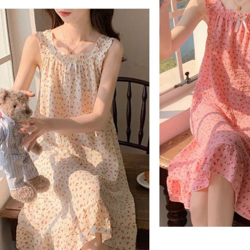 Váy ngủ 2 dây to bèo đính nơ nhún ngực dáng xòe form rộng đuôi cá họa tiết hoa nhí Đầm mặc nhà bánh bèo T629G TANGZUYEN