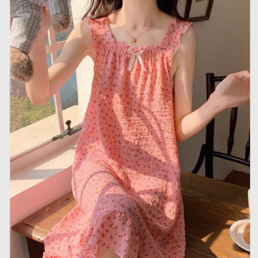 Váy ngủ 2 dây to bèo đính nơ nhún ngực dáng xòe form rộng đuôi cá họa tiết hoa nhí Đầm mặc nhà bánh bèo T629G TANGZUYEN