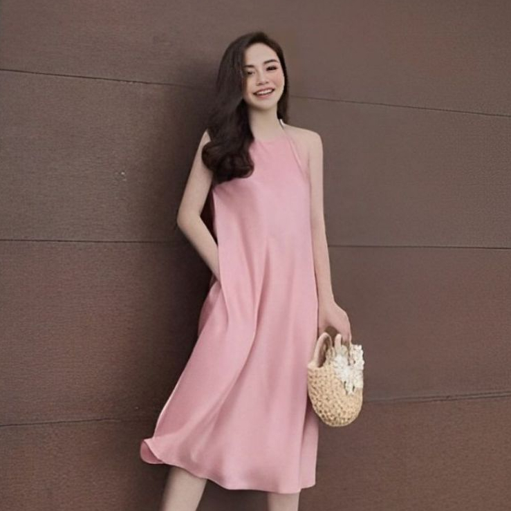 Váy cổ yếm chất lụa dáng xuông form rộng không tay Đầm bầu dáng lỡ bigsize oversize sang trọng màu trơn T638G TANGZUYEN