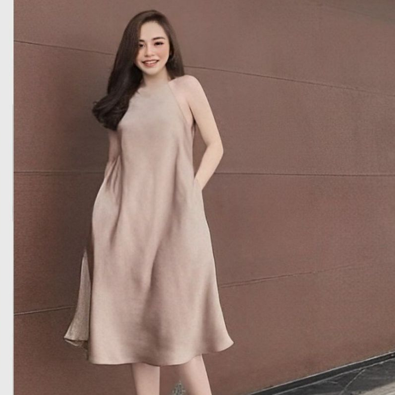 Váy cổ yếm chất lụa dáng xuông form rộng không tay Đầm bầu dáng lỡ bigsize oversize sang trọng màu trơn T638G TANGZUYEN