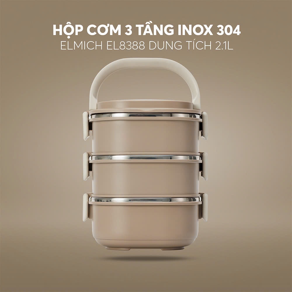 Hộp cơm 3 tầng inox 304 Elmich EL8388 dung tích 2.1L