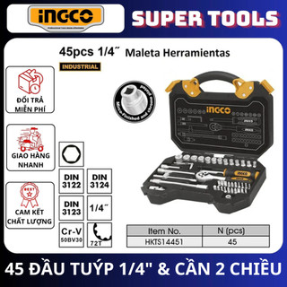 ĐỒ NGHỀ INGCO Bộ 45 đầu tuýp 1/4" và cần 2 chiều HKTS14451 (Cam kết Chính Hãng 100%)