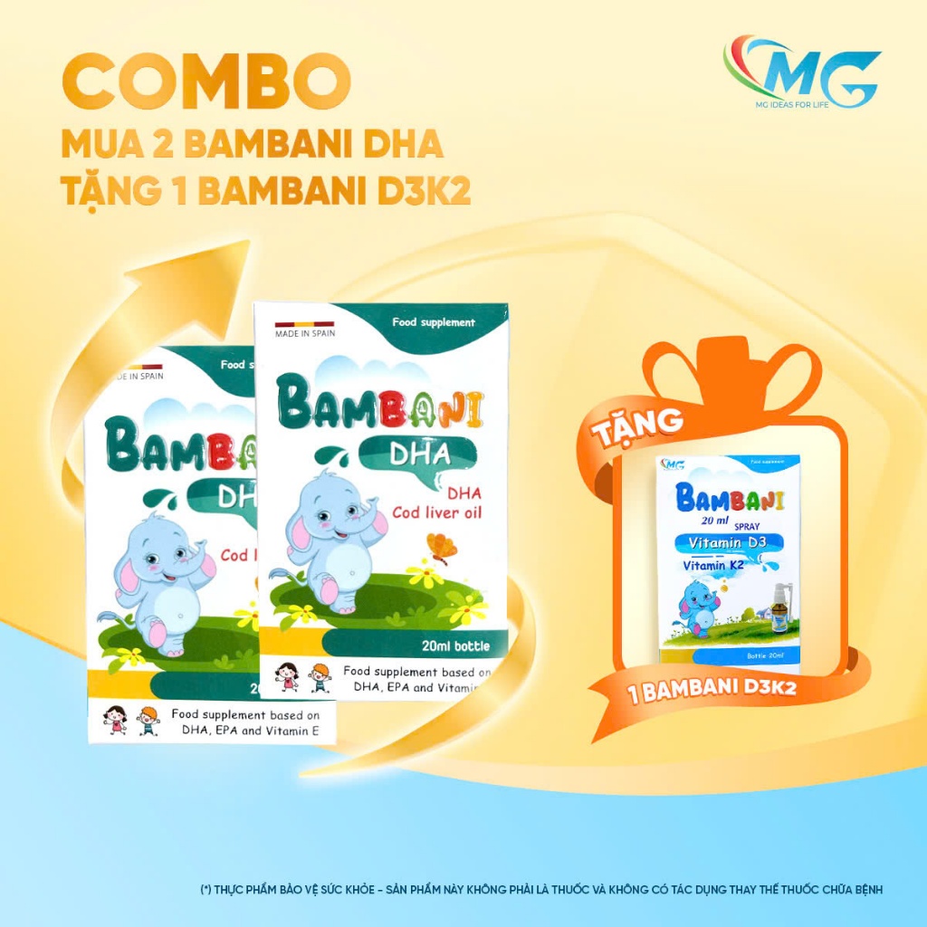[Tặng 1 Lọ D3K2] Combo 2 Vitamin DHA BAMBANI Sray Hỗ Trợ Phát Triển Trí Não, Thị Lực, Chiều Cao 20ML - BAMBANI