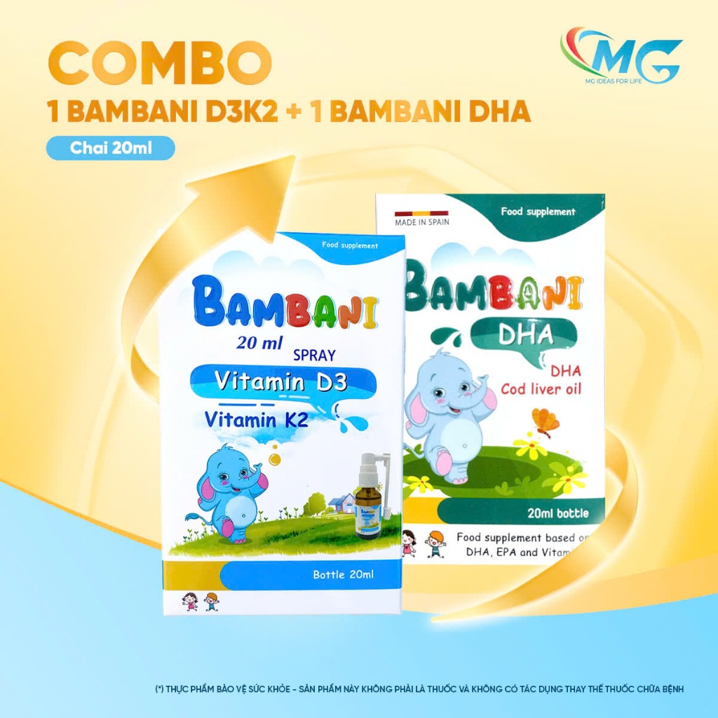 Combo Vitamin DHA BAMBANI Sray và D3K2 BAMBANI Hỗ Trợ Phát Triển Trí Não, Thị Lực, Chiều Cao Cho Bé