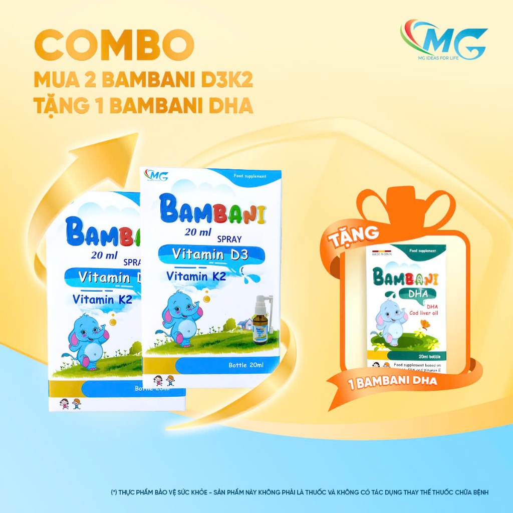 [Tặng 1 Lọ DHA] Combo 2 Vitamin D3K2 Hỗ Trợ Bé Tăng Chiều Cao Tăng Hấp Thụ Canxi 20ML -  BAMBANI