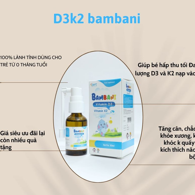 Vitamin D3K2 Hỗ Trợ Bé Tăng Chiều Cao, Tăng Hấp Thụ Canxi Chai 20ml -  BAMBANI