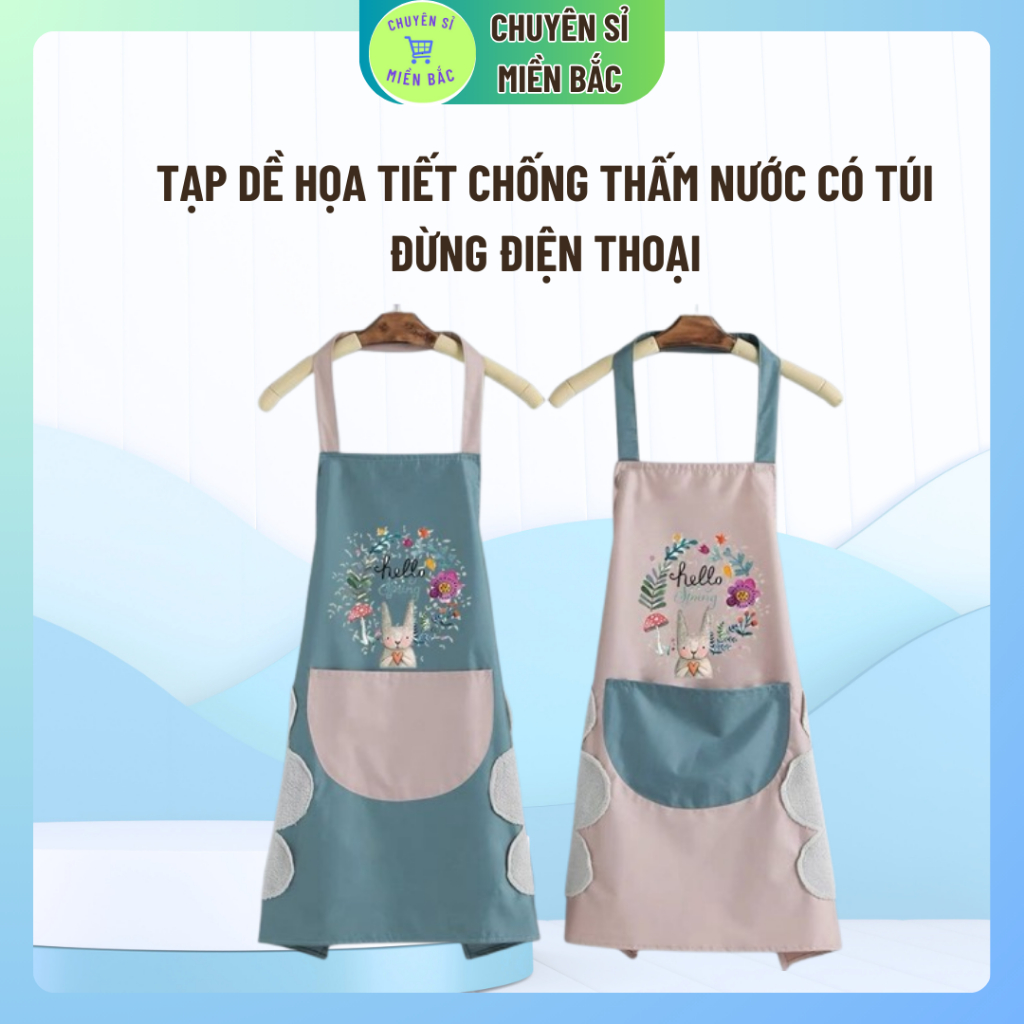 Tạp dề họa tiết chống thấm nước có túi đừng điện thoại, Tạp dề thỏ cao cấp