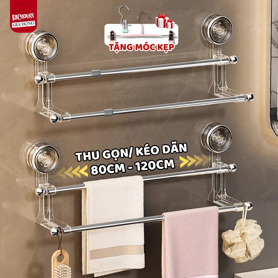 Giá Treo Khăn Nhà Tắm 2 Tầng Chỉnh Thu Gọn Ngắn Dài Cốc Hút, Kệ Treo Dép Thông Minh