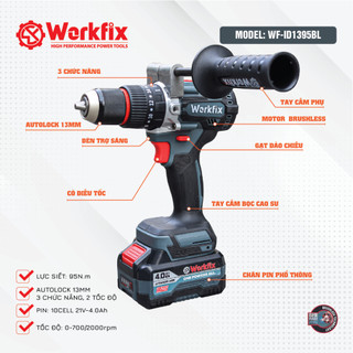 Máy Khoan Pin 3 Chức Năng Workfix WF-ID1395BL – 13mm – 95Nm – Pin 21V 4.0Ah – Không Chổi Than