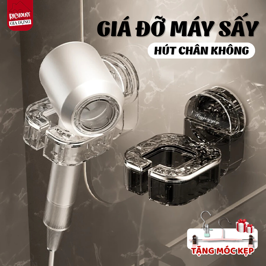 Giá Đỡ Máy Sấy Tóc Rảnh Tay xoay 360 có cốc hút chắc chắn dán tường chịu lực tới 15kg tiện lợi