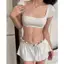 ONESOON Set 2 món áo crotop ngắn tay cổ vuông viền ren kèm chân váy ngắn lưng chun dáng xòe cho nữ
