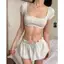 ONESOON Set 2 món áo crotop ngắn tay cổ vuông viền ren kèm chân váy ngắn lưng chun dáng xòe cho nữ
