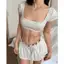 ONESOON Set 2 món áo crotop ngắn tay cổ vuông viền ren kèm chân váy ngắn lưng chun dáng xòe cho nữ