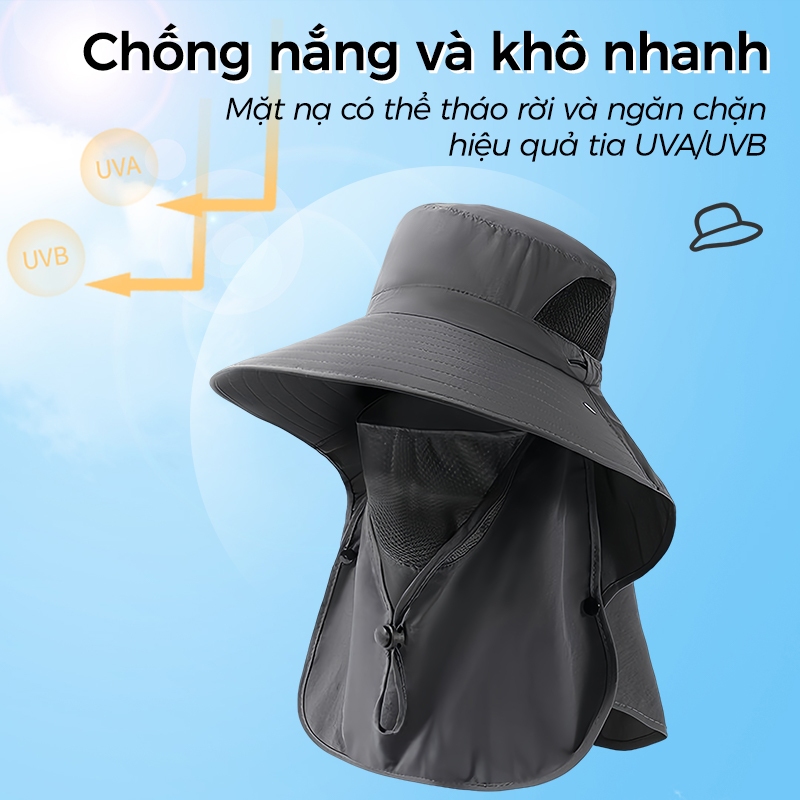 Mũ nón chống nắng kèm khẩu trang Nam Nữ vành rộng chống UV Che Cổ Tháo Rời Thoáng Khí Tấm che nắng Mùa Hè