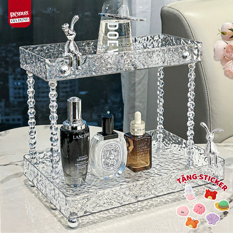 Kệ Trong Suốt 2 Tầng Đựng Mỹ Phẩm, Khay Đựng Cốc Ly Vân Kim Cương Mạ Bạc Decor Sang Trọng