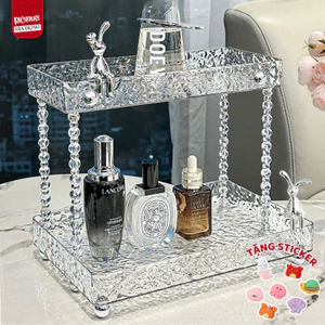 Kệ Trong Suốt 2 Tầng Đựng Mỹ Phẩm, Khay Đựng Cốc Ly Vân Kim Cương Mạ Bạc Decor Sang Trọng