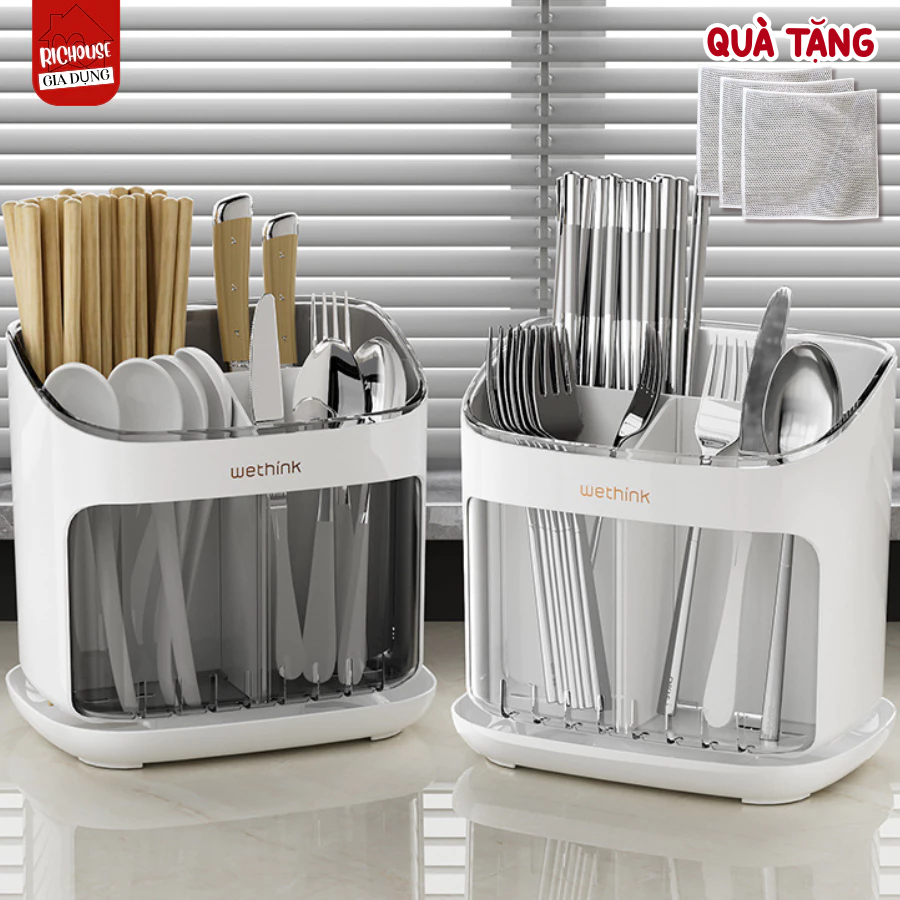 Hộp Đựng Đũa Muỗng Để Bàn Có Khay Hứng Nước Thoáng Khí, Đựng Đồ Nhà Bếp tiện lợi ngăn ẩm mốc