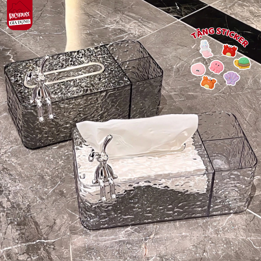 Hộp Đựng Khăn Giấy Vân Kim cương trong suốt kèm khay đựng đồ để bàn họa tiết thỏ sang trọng