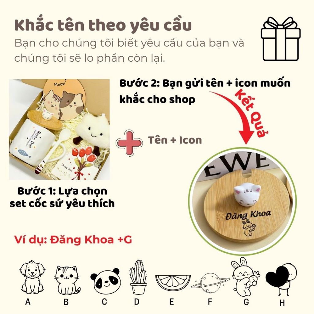 [Best Seller] Set Quà Tặng Cốc Sứ Cá Nắp Gỗ KHẮC TÊN THEO YÊU CẦU kèm thìa, nắp, Phụ Kiện Xinh Tặng Bạn Bè Người Thân