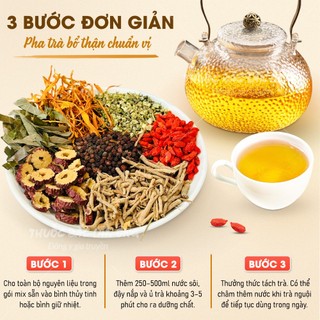 Trà bổ thận 8 vị thảo mộc mix sẵn gồm: Bạch tật lê, dâm dương, kỳ tử, táo đỏ, viễn trí, đông trùng,...