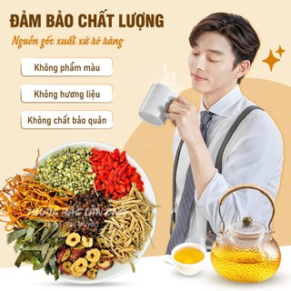 Trà bổ thận 8 vị thảo mộc mix sẵn gồm: Bạch tật lê, dâm dương, kỳ tử, táo đỏ, viễn trí, đông trùng,...