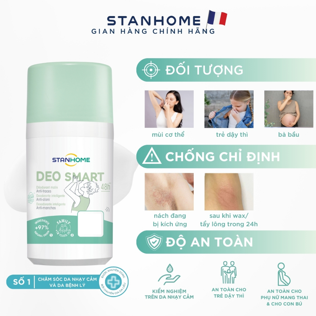 Lăn Khử Mùi Dịu Nhẹ Cho Trẻ Em Và Người Lớn – Không Cồn, Không Muối Nhôm, Không Gây Vàng Áo Stanhome Deo Smart