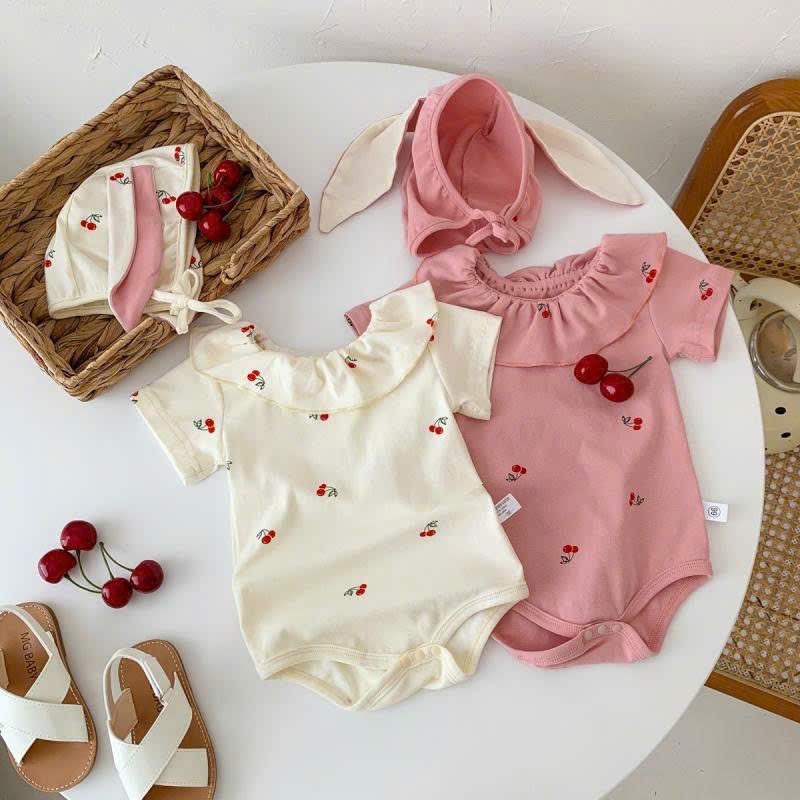 (HÀNG CÓ SẴN) QC Set thỏ cherry tặng kèm mũ cho bé, hàng quảng châu vải mềm mịn cho bé gái 5-13kg