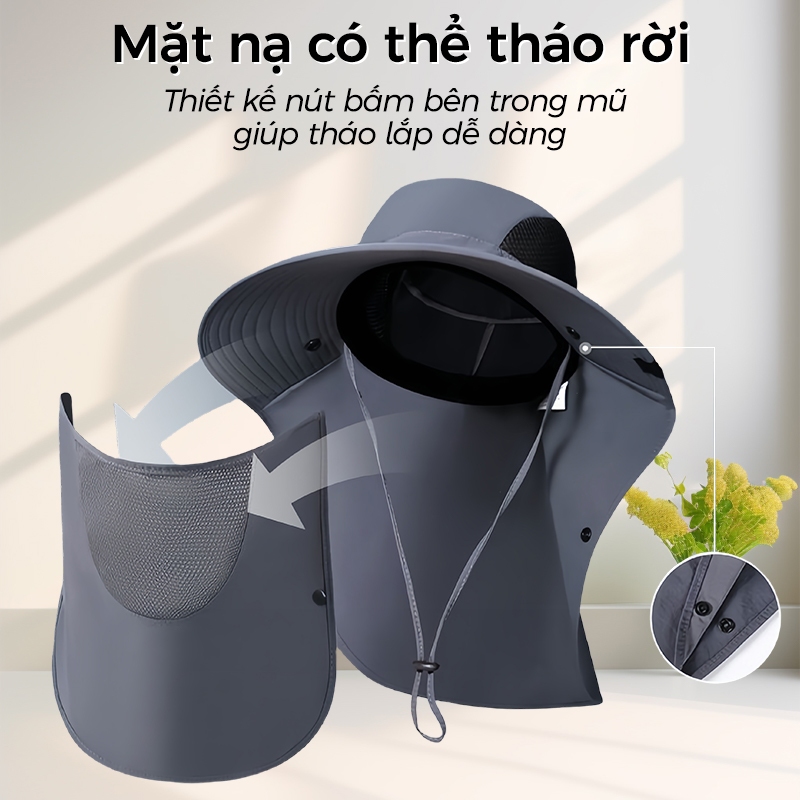 Mũ nón chống nắng kèm khẩu trang Nam Nữ vành rộng chống UV Che Cổ Tháo Rời Thoáng Khí Tấm che nắng Mùa Hè