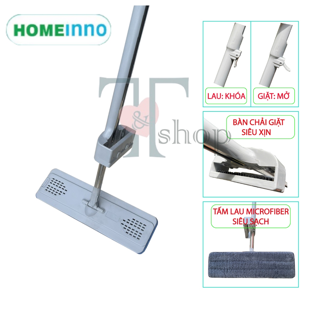 Cây Lau Nhà Tự Vắt Bảng Lau 40cm Homeinno, Kéo Rút Vắt Xả Nước, Tấm Lau Microfiber