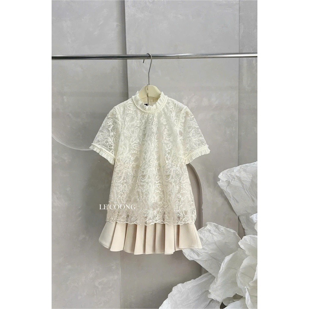 Ảnh Set Váy Thiết Kế Áo Tiểu Thư Chân Váy Xếp Ly LECOONG B215 Đầm Đẹp Màu Kem Sang Chảnh 3