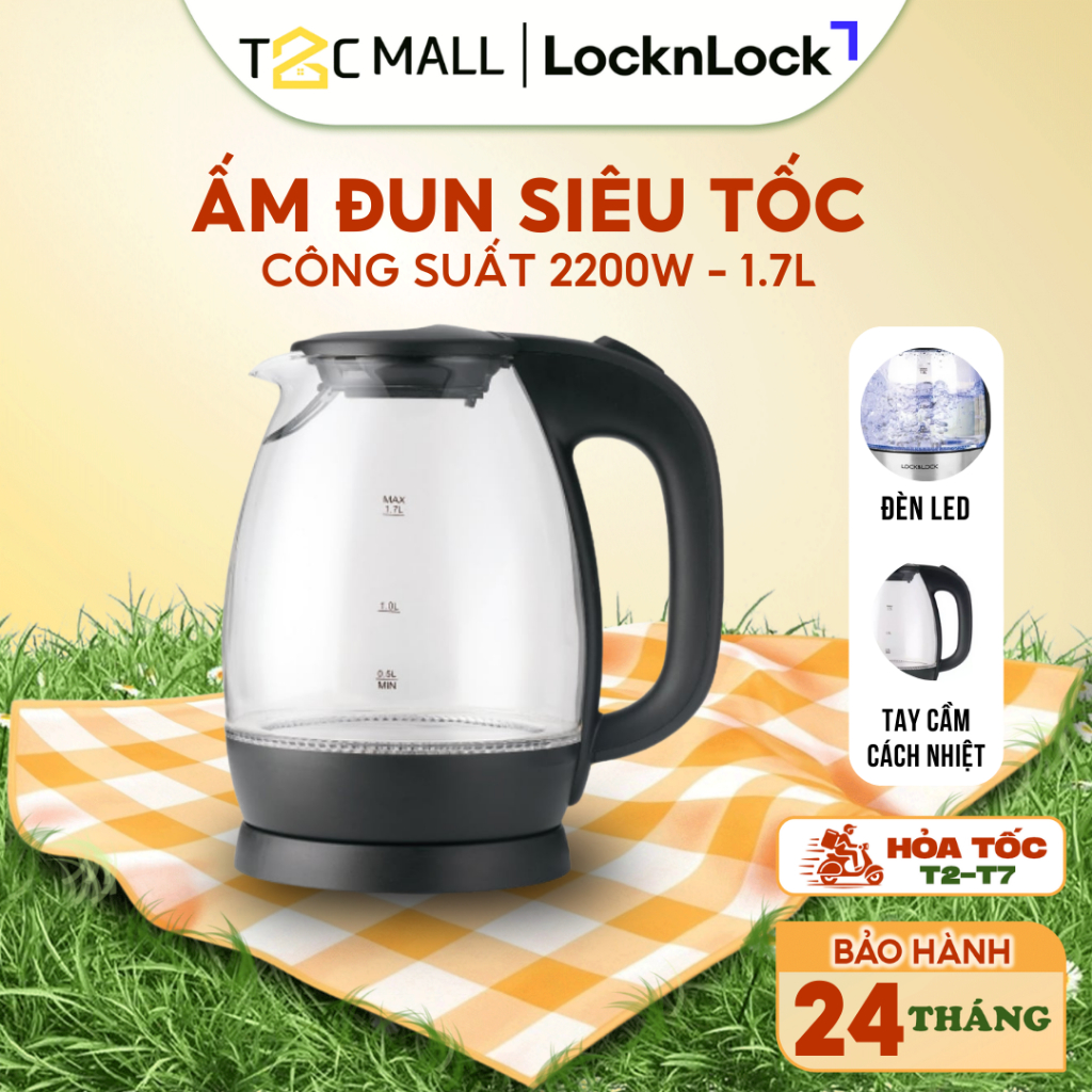 Ấm Siêu Tốc Thủy Tinh LocknLock - 1.7L , Có Đèn LED Xanh - 1850 - 2200W - EJK432 - T2CMALL