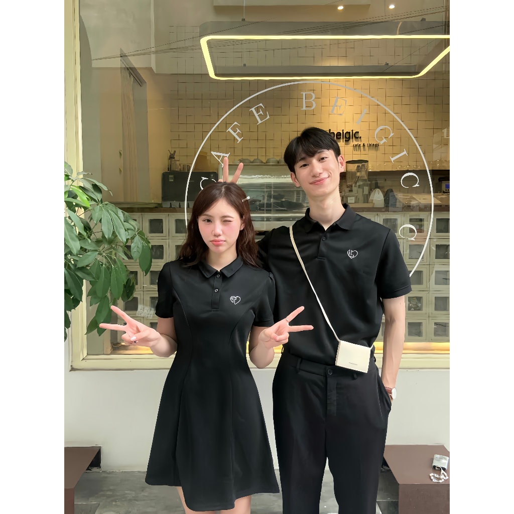 Set đồ đôi nam nữ thêu chữ cái INSIDE HEART đồ cặp đôi áo polo nam váy ngắn nữ vải cotton thoáng mát