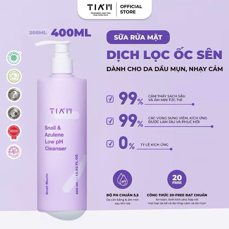 Sữa Rửa Mặt Dịch Lọc Ốc Sên Làm Dịu Và Phục Hồi Dành Cho Da Nhạy Cảm TIA’M Snail & Azulene Cleanser