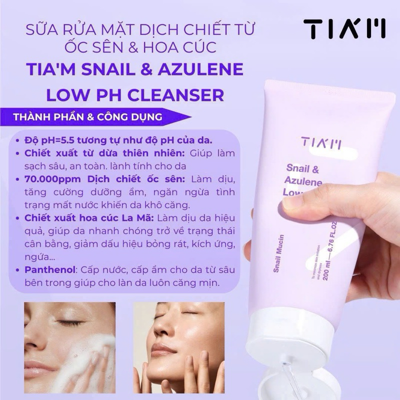 Sữa Rửa Mặt Dịch Lọc Ốc Sên Làm Dịu Và Phục Hồi Dành Cho Da Nhạy Cảm TIA’M Snail & Azulene Cleanser