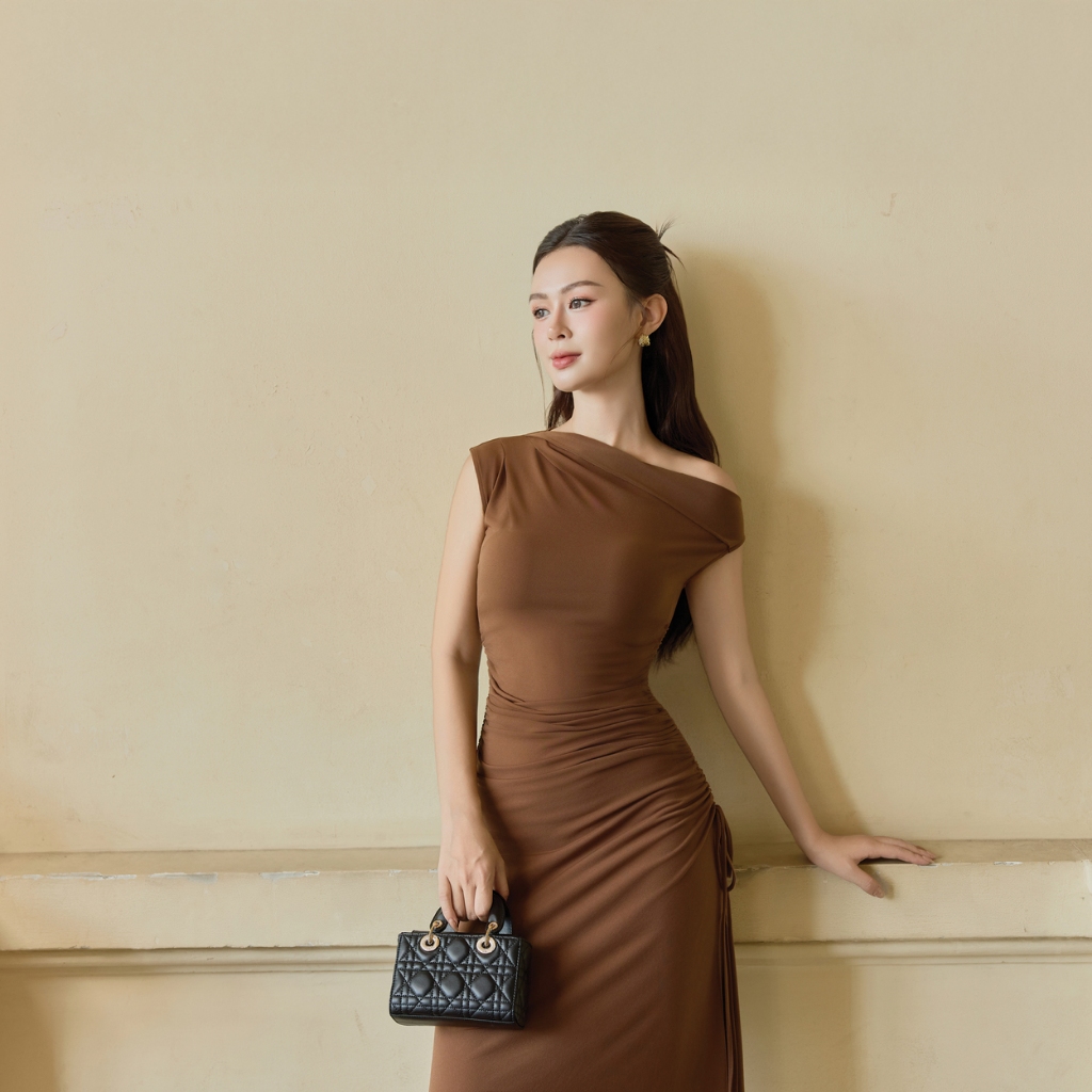 MAYBI Đầm ôm thun rayon rút nhún dáng midi
