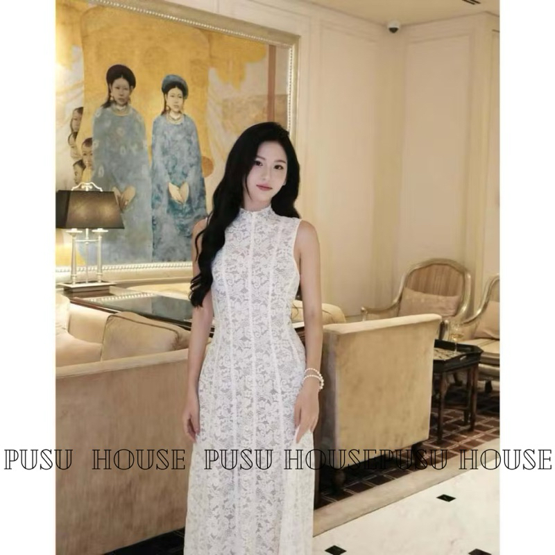 [Hàng sẵn-y hình]Đầm ren sát nách dự tiệc dáng dài tôn dáng sang trọng - PUSU HOUSE