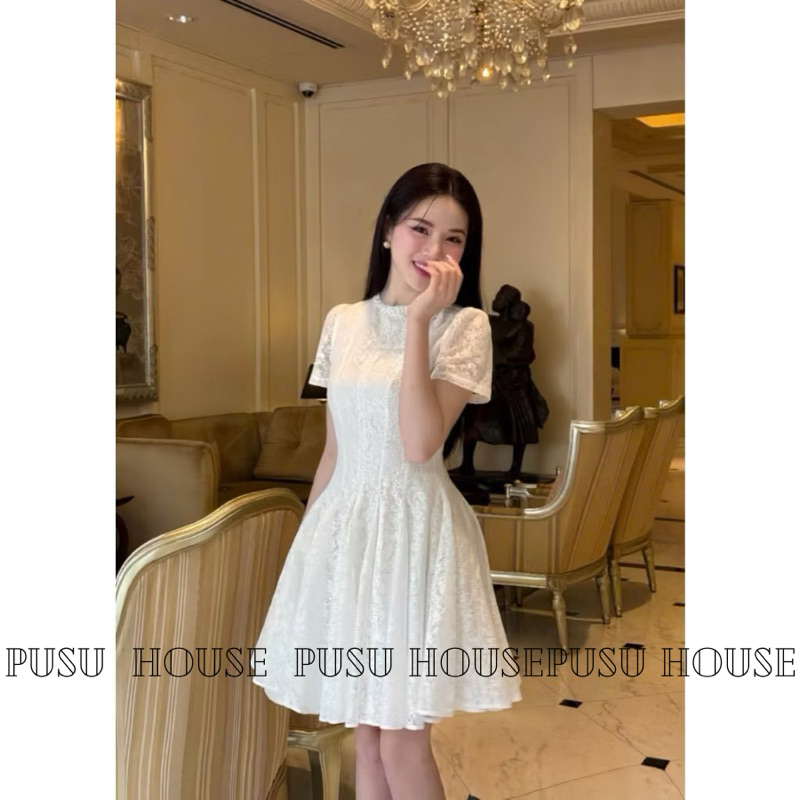 [Hàng sẵn-y hình ]Đầm dự tiệc ren xoè nhẹ dáng ngắn tiểu thư basic - PUSU HOUSE
