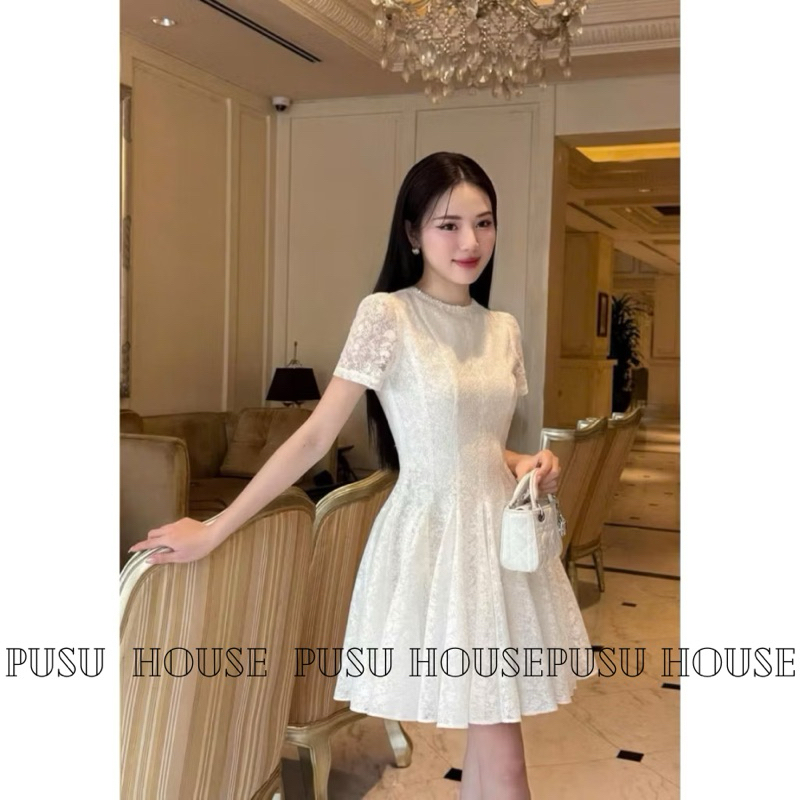 [Hàng sẵn-y hình ]Đầm dự tiệc ren xoè nhẹ dáng ngắn tiểu thư basic - PUSU HOUSE