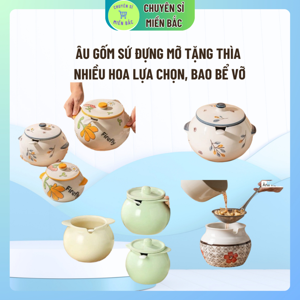 Hũ sứ đựng gia vị, mỡ lợn, các loại hạt khô 300ml - 2100ml men mịn họa tiết đẹp phù hợp nhà bếp